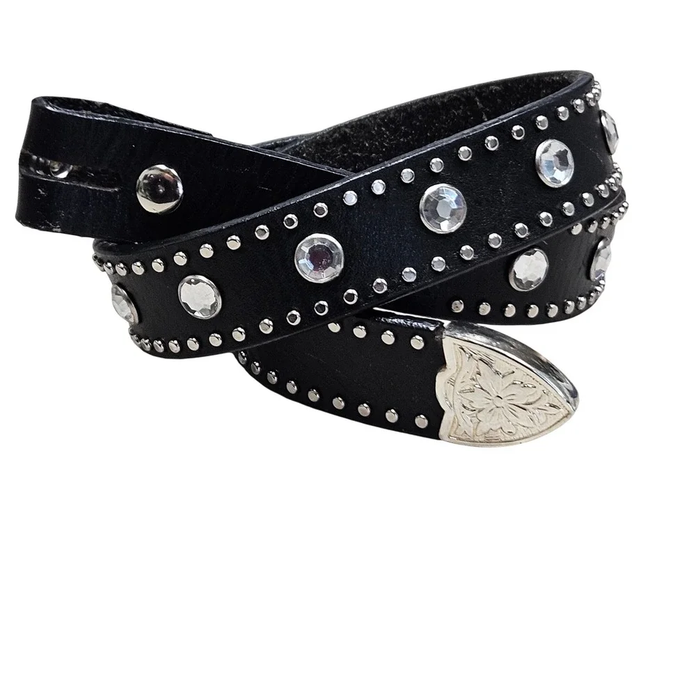 Kids Nocona Black Genuine‎ Leather Western Studded Rhinestone Belt Buckle 22